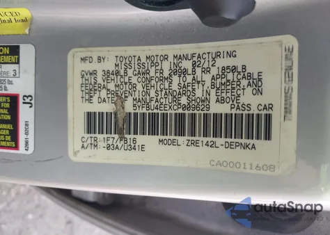 2012 Toyota Corolla Le z USA, uszkodzony, nr VIN 5YFBU4EEXCP009629